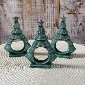 Vtg Set Of 3 Ceramic Green Christmas Trees With Gold Stars Napkin Rings, Decor